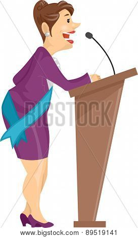 Illustration of a Lady with Sash giving her Speech on a Lectern