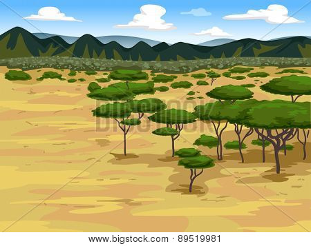Illustration of a Savanna with Trees All Around