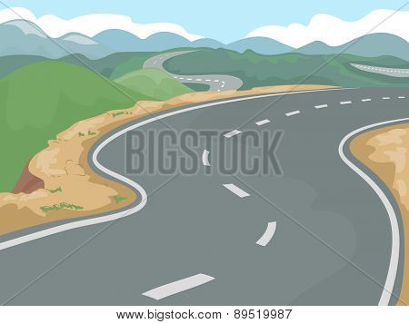 Illustration of a Long Stretch of Highway Beside Clusters of Hills
