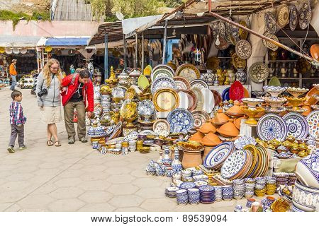 SAFI,  MOROCCO, APRIL 6, 2015: Tourists visit the pottery souk in Safi, capital of ceramics craft
