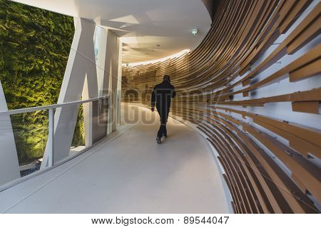 Man Inside China Pavilion At Expo 2015 In Milan, Italy