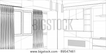 Kitchen vector sketch interior. Illustration created of 3d