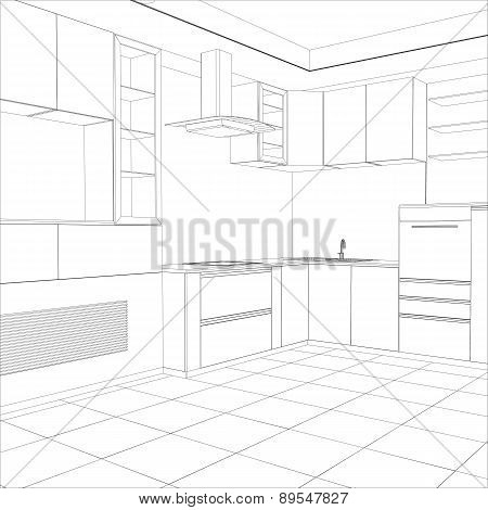 Kitchen vector sketch interior. Illustration created of 3d