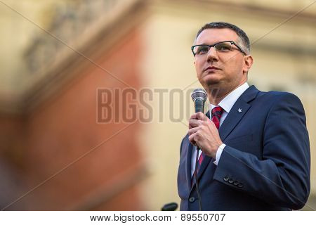 KRAKOW, POLAND - APR 29, 2015: Przemyslaw Wipler - Polish politician, member of Parliament of the VII convocation, during pre-election rally of Janusz Korwin - of presidential candidate of Poland.
