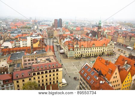 WROCLAW, POLAND - CIRCA NOV, 2014: Top view of Wroclaw Old Town from top of Tower Saint Elizabeth Church. Wroclaw is going to be European Capital of Culture in 2016.