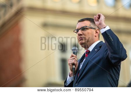 KRAKOW, POLAND - APR 29, 2015: Przemyslaw Wipler - Polish politician, member of Parliament of the VII convocation, during pre-election rally of Janusz Korwin - of presidential candidate of Poland.