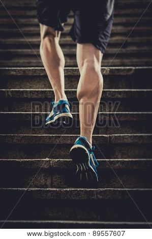 Young Athletic Legs With Sharp Scarf Muscles Of Runner Sport Man Climbing Up City Stairs Jogging And