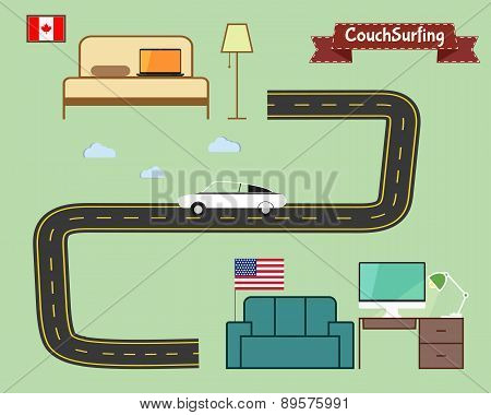 Couch Surfing Concept. Travel Infographic. Share Your Sofa. Car On The Road. 2015. Travel All Over T