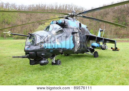 PILSEN CZECH REPUBLIC - MAY 1, 2015: The Mil Mi-24V Hind helicopter gunship and attack helicopter in marking elite 221. squadron (NATO Tiger Association)  Czech Air Force.
