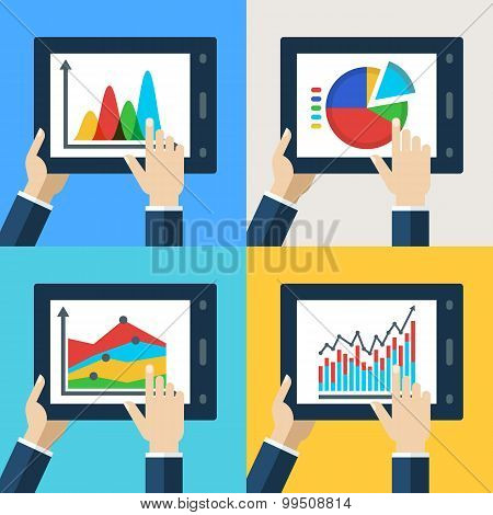 Vector Set Of Touchscreen Tablets With Flat Diagram And Chart Icons On The Screen.
