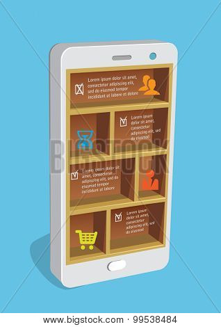 Design concept smart pone with shelves and business icons.