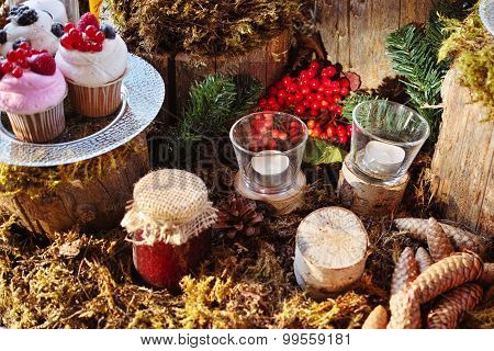 Forest Candy bar, decorated with fresh berries delicious cakes. decorations for weddings forest.