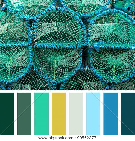 Stacked lobster pots in a colour palette with complimentary colour swatches.