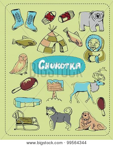 Vector set of tourist attractions Chukotka.