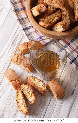 Italian Almond Biscotti Cookies And Wine. Vertical Top View