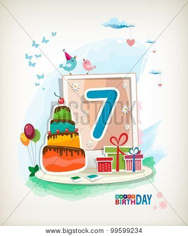 Seventh  Birthday Card. Birthday Cake And Photos