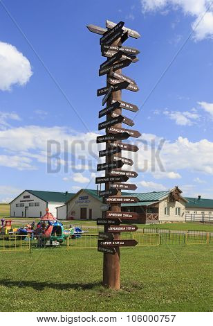 Informative column indicating direction of finding the different countries. Tourist Complex Siberian