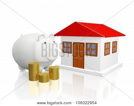 Savings Piggy Bank Gold Coins And House