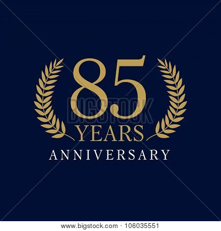 85 years old creative logotype. Congratulating 85th numbers gold colored template framed in palms. Isolated abstract graphic design template. Celebrating tradition banner.
