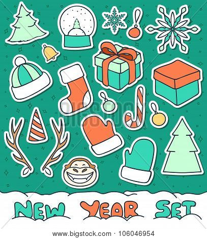 Set 20 Christmas doodle sketch objects for compositions, design