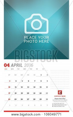Wall Calendar Planner For 2016 Year. Vector Design Print Template With Place For Photo, Notes And Co