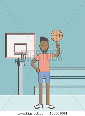 An african-american basketball player spinning the ball on his finger. Vector line design illustration. Vertical layout with a text space for a social media post.