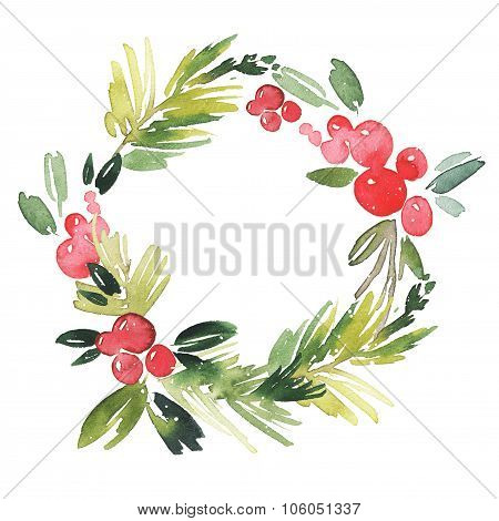 Christmas wreath watercolor. Handmade. Holiday card.