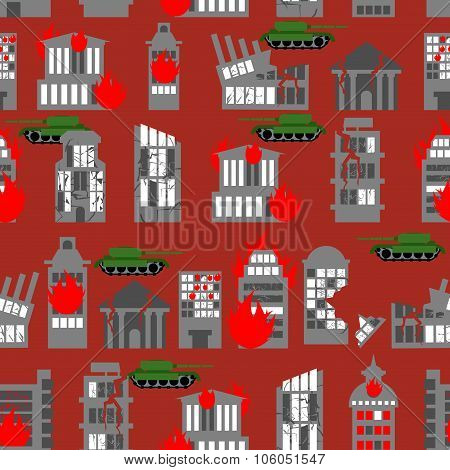 War Seamless Pattern. Ruined City. Tanks In Town. Skyscrapers And Public Buildings Destroyed. Backgr