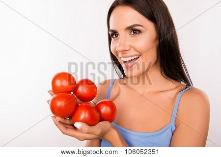 Happy Vegetarin Woman With Tomatoes