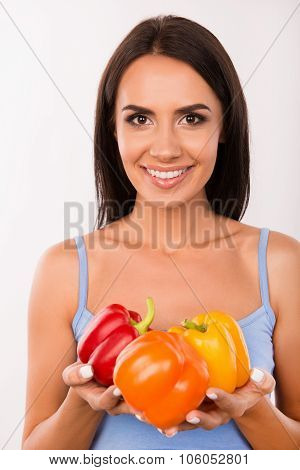 Happy Vegetarin Woman With Pepper