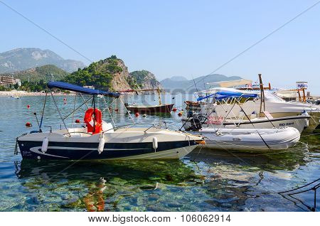 Pleasure Boats At The Waterfront In Resort Town Of Petrovac, Montenegro