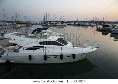 SUKOSAN, CROATIA - JULY 4: Sunset and luxury yacht in the sea Croatia. JULY 4, 2014, SUKOSAN, CROATIA