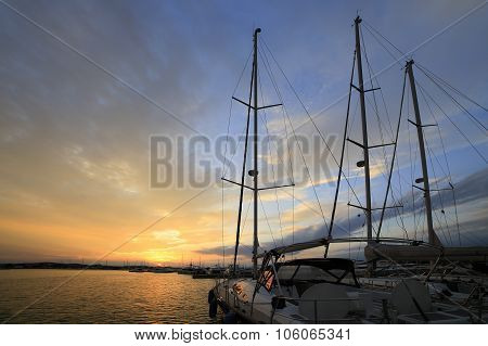 SUKOSAN, CROATIA - AUGUST 26:Colored sunset and luxury yacht in the sea Croatia in AUGUST 26, 2014, CROATIA