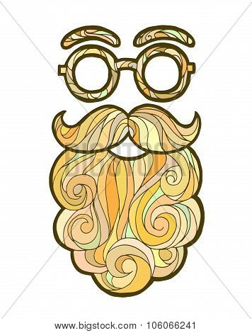 Vector illustration mustache fashionable hipster style, curly beard and round glasses