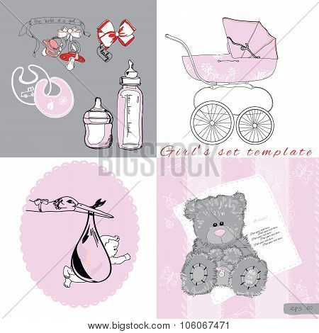 sef for girl include pram, storn with baby, bows, bottles on whi