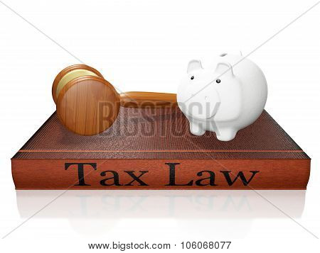 Tax Law Book Piggy Bank And Judge Gavel