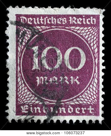 GERMAN REICH - CIRCA 1923: A postage stamp printed in Germany shows numeric value, circa 1923.