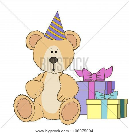 Teddy Bear is sitting with gift boxes