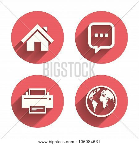 Home main page and globe signs. Printer, chat