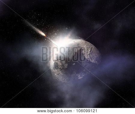 Fictional space background with comet flying towards fictional planet