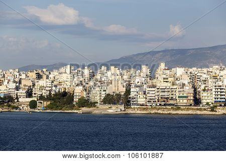 View Of The City Piraeus From The Harbor In Piraeus, Greece.