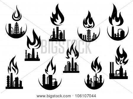 Black icons of industrial plants and factories