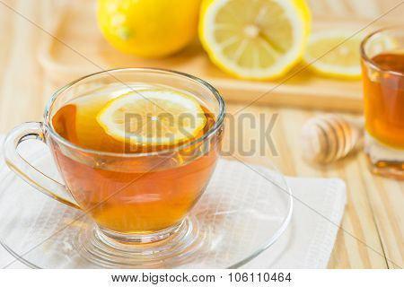 Tea With  Honey  And Lemon On Wood Background,warm Toning, Selective Focus