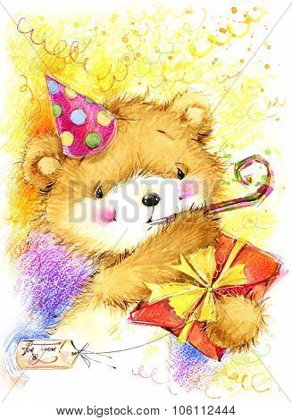 cute toy teddy bear and Birthday card background.