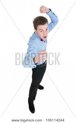 skinny guy funny fights waving his arms and legs. Isolated over white background. Funny guy clumsily boxing. Angry referee