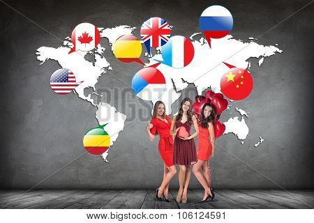Flags of different countries on the white map.