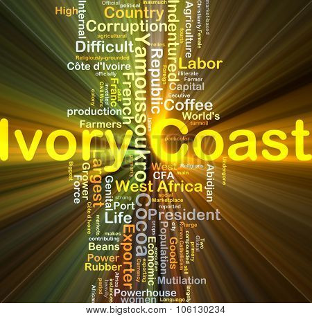 Background concept wordcloud illustration of Ivory Coast glowing light