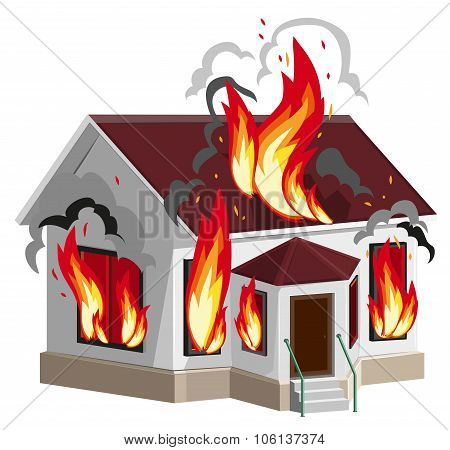 White stone house burns. Property insurance against fire. Home insurance