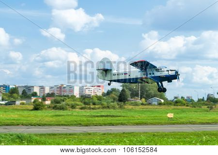 antonov an 2 airplane flies up, lands