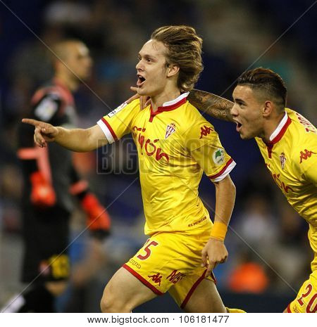 BARCELONA - OCT, 3: Alen Halilovic of Sporting Gijon celebrating goal during a Spanish League match against RCD Espanyol at the Power8 stadium on October 3 2015 in Barcelona Spain